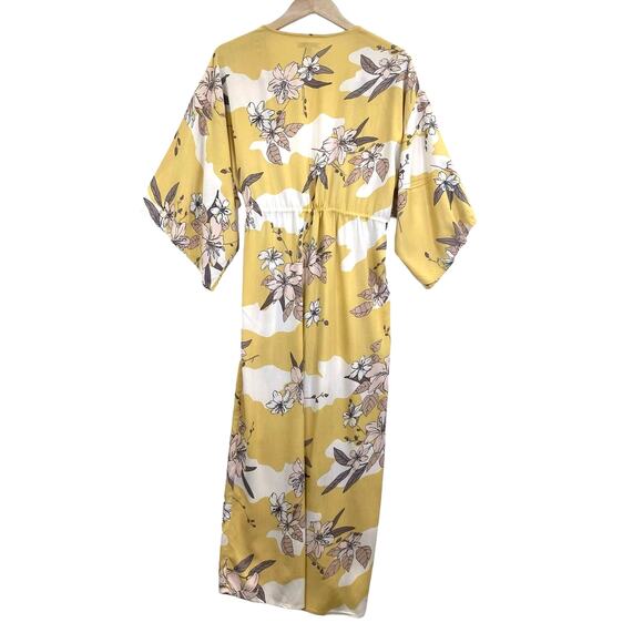 AMUSE SOCIETY Kimono Floral Ginger Womens S Yellow Tie Front Maxi Duster Boho - Picture 5 of 14